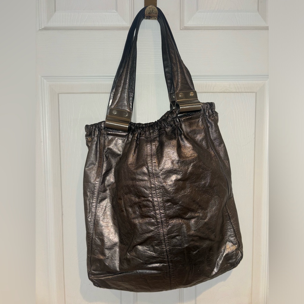Y2k Metallic Gray Kenneth Cole Leather Tote Bag